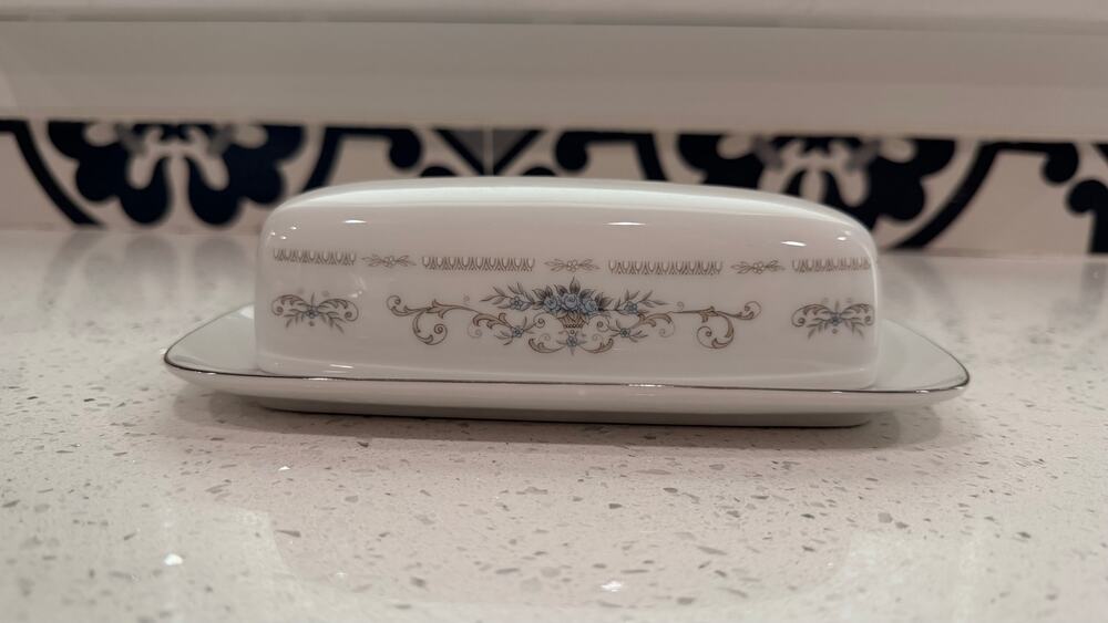 Vintage Diane Japan Fine Porcelain 8" Covered Butter Dish Platinum Trim